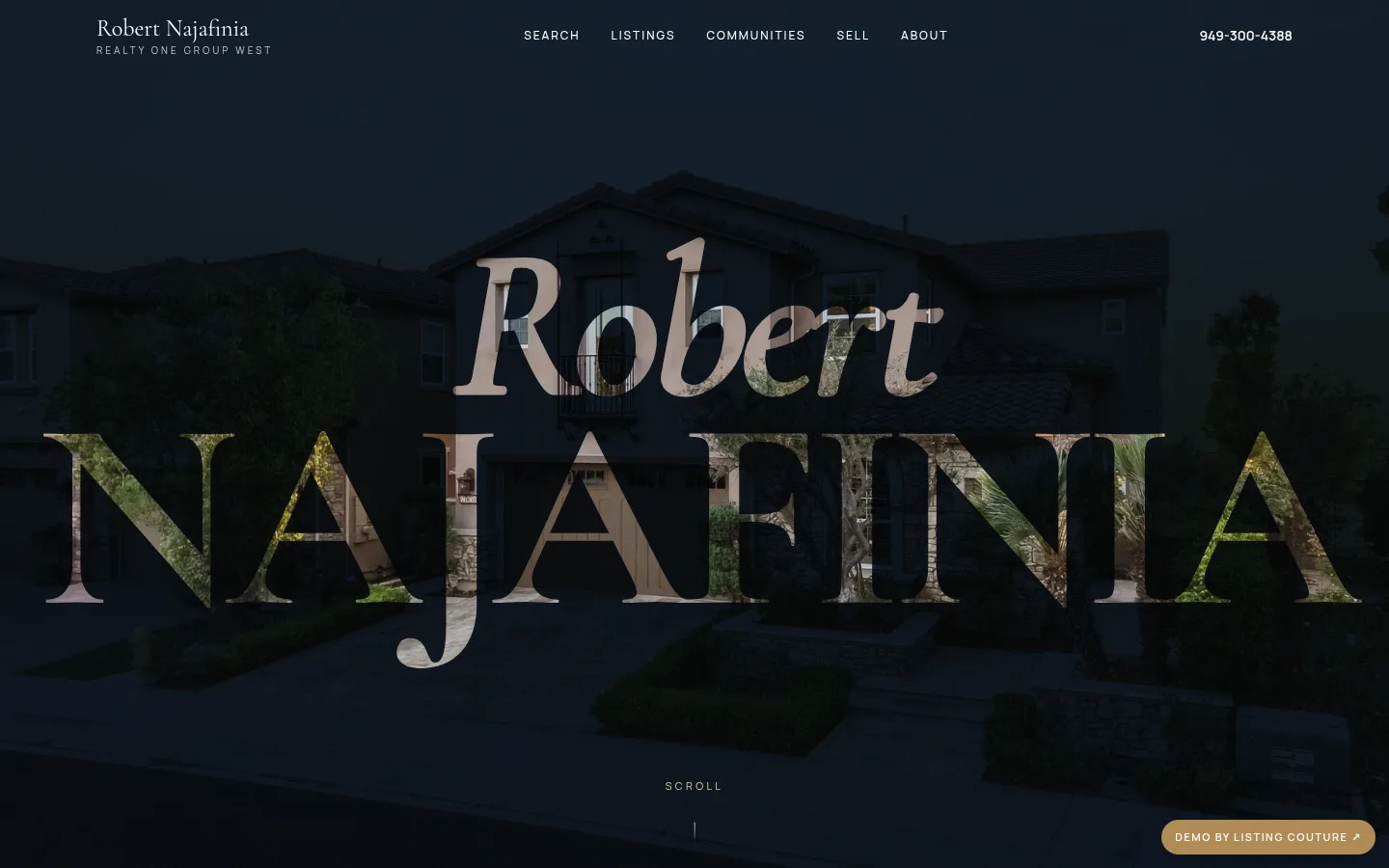 Demo agent website for Robert Najafinia with his name as a window onto a Laguna Niguel home