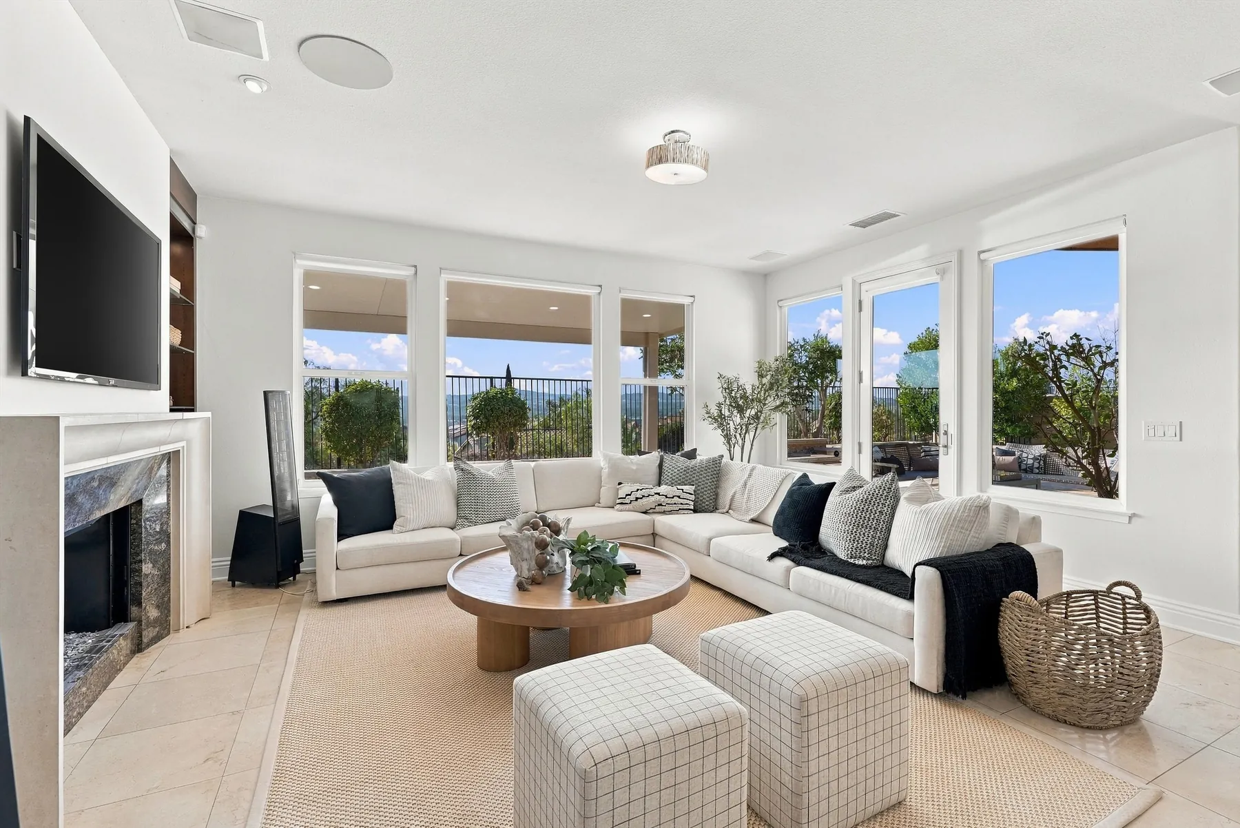 Family room with fireplace and view windows